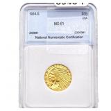 1910-S $5 Gold Half Eagle NNC MS61