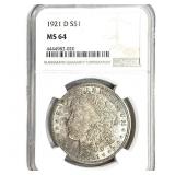 1921-D Morgan Silver Dollar NGC MS64