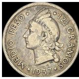 1937 Dominican Republlic Silver 1/2 Peso