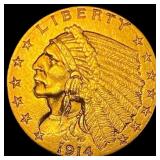 1914-D Gold Indian Head Quarter Eagle $2.50 NEARLY