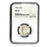 1943 Washington Silver Quarter NGC MS65