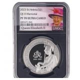 2023 St. Helena 1oz Silver Â£1 QE II Memorial NGC