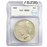1922 Silver Peace Dollar ICG MS62