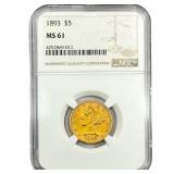 1893 $5 Gold Half Eagle NGC MS61