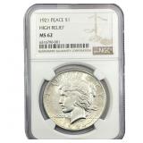 1921 Silver Peace Dollar NGC MS62 High Relief