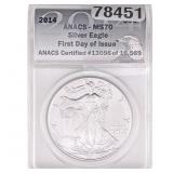 2014 Silver Eagle ANACS MS70 First Day of Issue