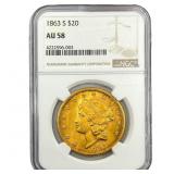 1863-S $20 Gold Double Eagle NGC AU58