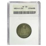 1853-O Seated Liberty Quarter ANACS VF30