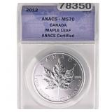2012 Canada 1oz SIlver $5 Maple Leaf ANACS MS70
