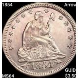 1854 Arrows Seated Liberty Quarter CHOICE BU