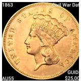 1863 Civil War Date $3 Gold Piece HIGH GRADE