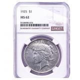1925 Silver Peace Dollar NGC MS62