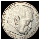 1937-A Germany SIlver 5 Reichsmark CLOSELY UNCIRCU