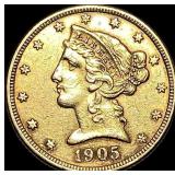 1905-S Gold $5 Liberty Half Eagle CLOSELY UNCIRCUL