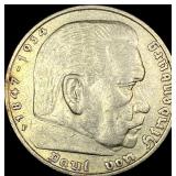 1936-F Germany Silver 5 Reichsmark CLOSELY UNCIRCU