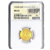 1903B Switzerland .1867 OZ Gold 20 Francs NGC MS65
