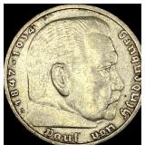 1937-A Germany Silver 5 Reichsmark CLOSELY UNCIRCU