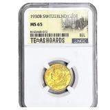 1903B Switzerland .1867 OZ Gold 20 Francs NGC MS65