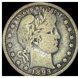 1893-O Silver Barber Quarter ABOUT  UNCIRCULATED