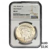 1921 Silver Peace Dollar NGC MS62 High Relief