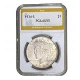 1934-S Silver Peace Dollar PGA AU55
