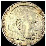 1936-F Germany Silver 5 Reichsmark CLOSELY UNCIRCU