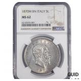 1870M BN Italy Silver 5 Lire Vittorio NGC MS62