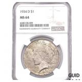 1934-D Silver Peace Dollar NGC MS64