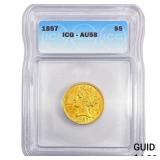 1857 $5 Gold Half Eagle ICG AU58