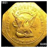1851 A. Humbert $50 Gold "887" Reeded CHOICE AU