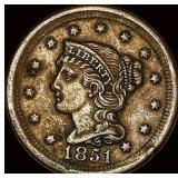 1851 Braided Hair Large Cent LIGHTLY  CIRCULATED
