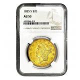 1855-S $20 Gold Double Eagle NGC AU53