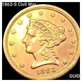 1863-S Civil War $2.50 Gold Qtr Eagle CHOICE AU