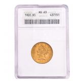 1901 $5 Gold Half Eagle ANACS MS63