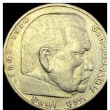 1936-F Germany Silver 5 Reichsmark CLOSELY UNCIRCU