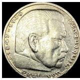 1936-D Germany Silver 5 Reichsmark CLOSELY UNCIRCU