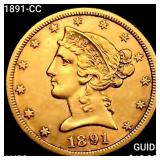 1891-CC $5 Gold Half Eagle CHOICE AU