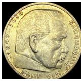1936-F Germany Silver 5 Reichsmark CLOSELY UNCIRCU