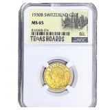 1930B Switzerlans .1867 Gold 20 Francs NGC MS65