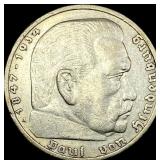1936-A Germany Silver 5 Reichsmark CLOSELY UNCIRCU