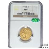 1911-D CAC $5 Gold Half Eagle NGC MS61