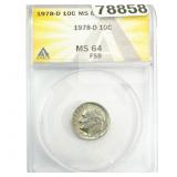 1978-D Roosevelt Dime ANACS MS64 FSB