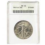1941-D Walking Liberty Half Dollar ANACS MS64
