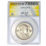 1950-D Franklin Half Dollar ANACS MS64 FBL