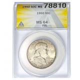 1950 Franklin Half Dollar ANACS MS64 FBL