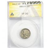 1921-D Mercury Silver Dime ANACS VF30