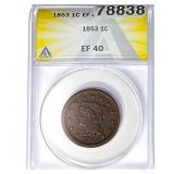 1853 Braided Hair Large Cent ANACS EF40