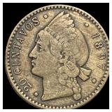 1897 Dominican Republic SIlver 20 Centavos NEARLY