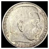 1936-E Germany Silver 5 Reichsmark CLOSELY UNCIRCU