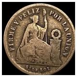 1867 Peru 1/5 Silver Sol ABOUT UNCIRCULATED